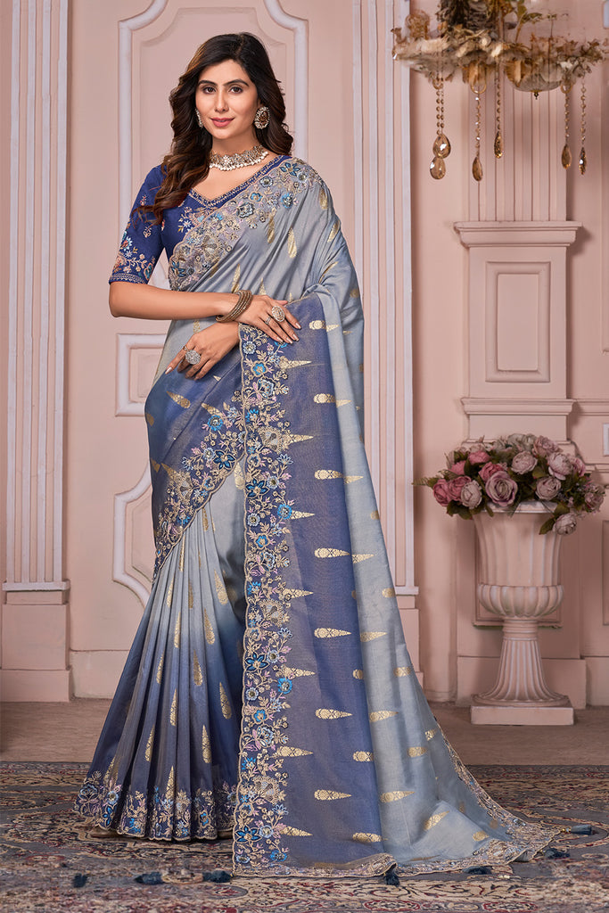 Indigo Color Silk Tissue Fabric Woven & Embroidered Saree