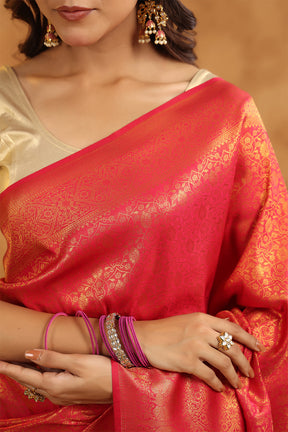 Deep Carmine Pink Color Silk Zari Woven Saree