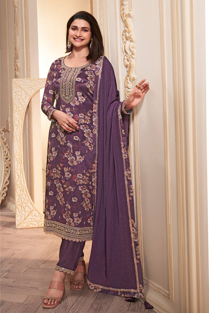 Voilet Color Chinon Printed Unstitched Suit Material