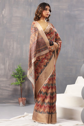 Brown Color Cotton Printed Saree