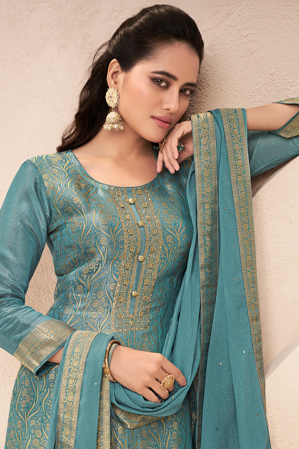 Smalt Blue Color Tissue Silk Zari Woven Unstitched Suit Fabric