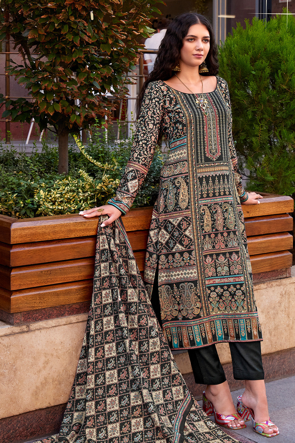 Black Color Printed Spun  Unstitched Suit Material