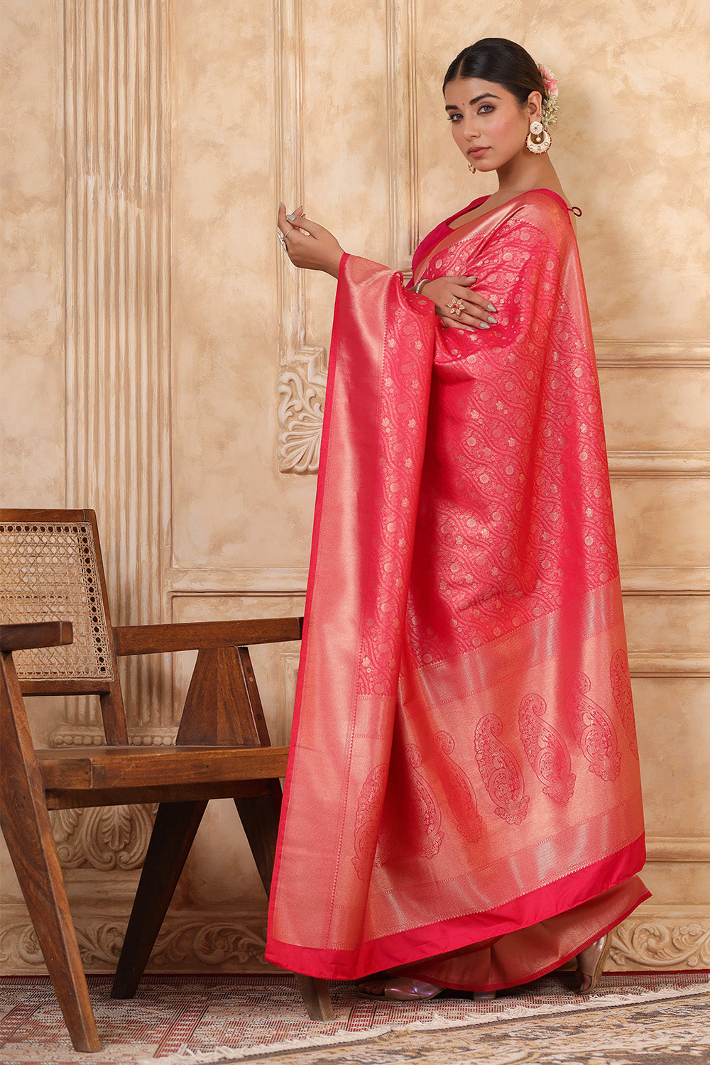 Fuschia Pink Silk Woven Saree