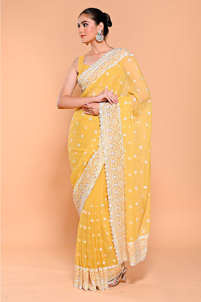 Pale Yellow Color Embroidered Crush Tissue Saree