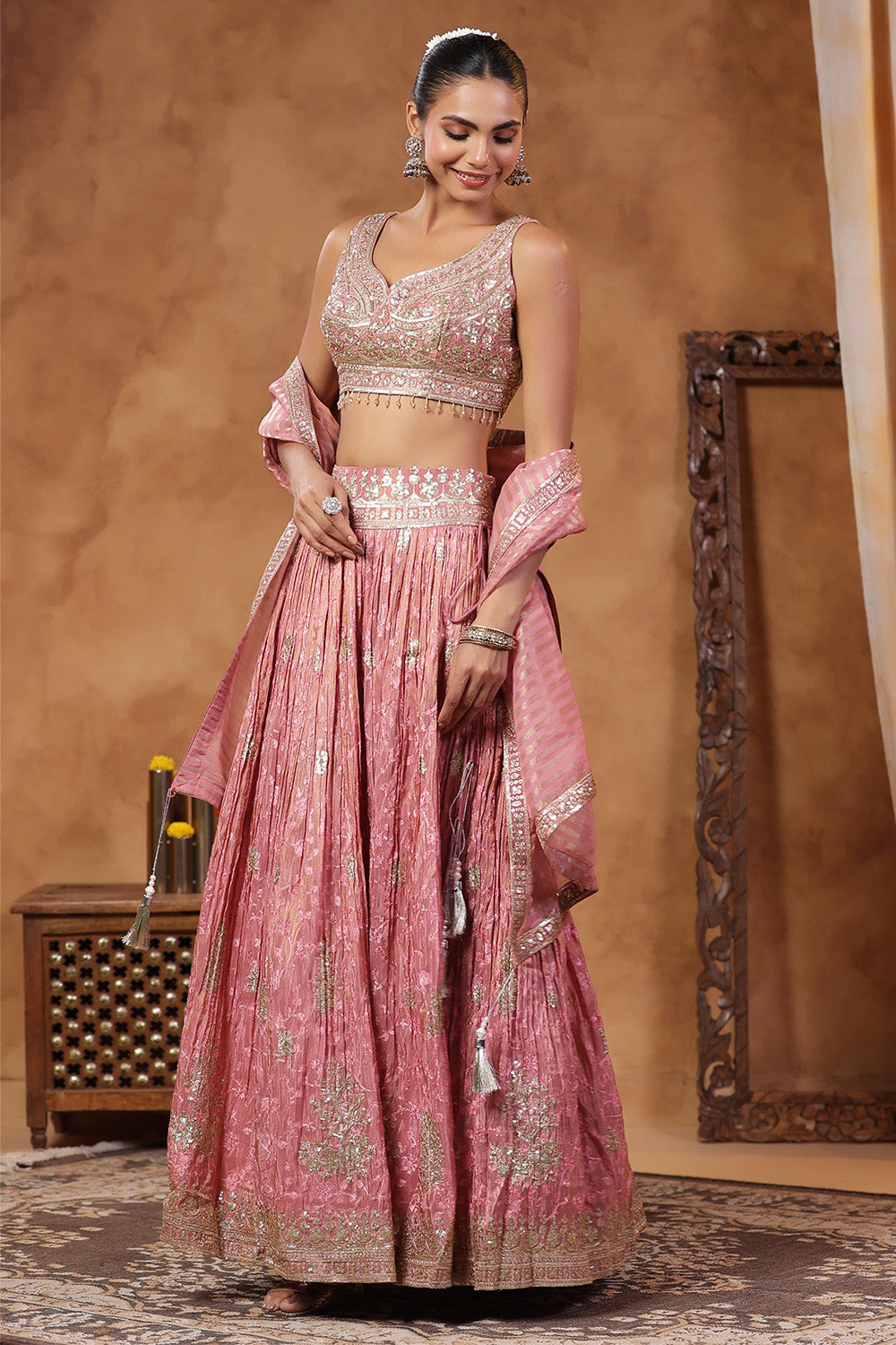 Pink Color Tissue Silk Embroidered Lehenga