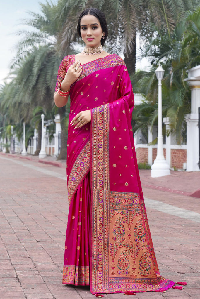 Fuchsia Pink Color Pathani Work Silk Saree