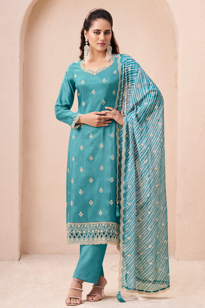 Turquoise Color Chiffon Silk Thread Embroidered Unstitched Suit Fabric