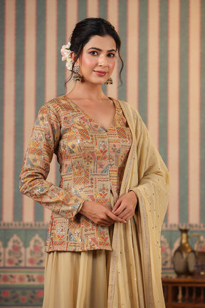 Beige Color Silk embroidered Koti With Sharara Suit Set