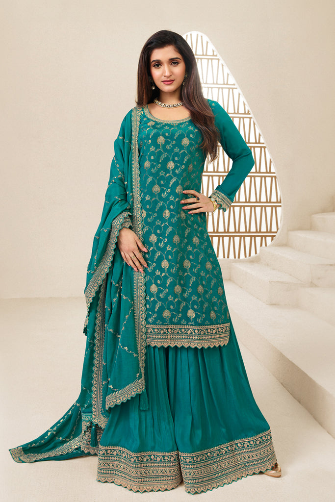 Teal Color Woven Crepe Unstitched Suit Material With Stitched Sharara