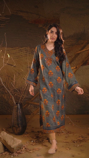 Teal Color Printed & Neck Embroidered Kurta