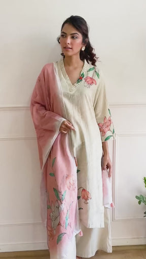 Cream Color Khadi Cotton Printed Suit