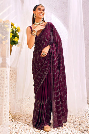 Banarasi Satin Silk Designer Dark Wine Color Saree– PAAIE