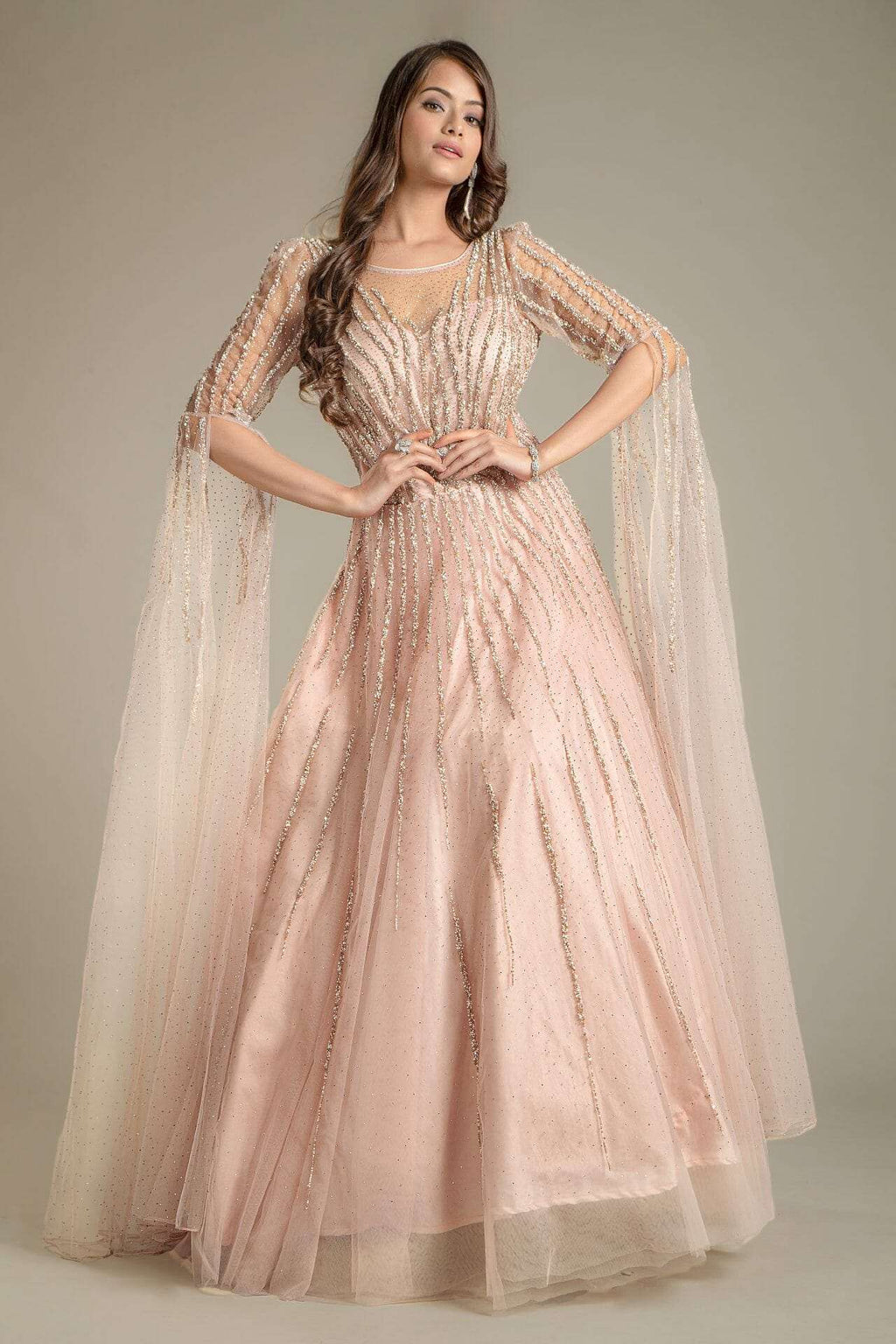 Baby Pink Flared Sleeves Net Gown