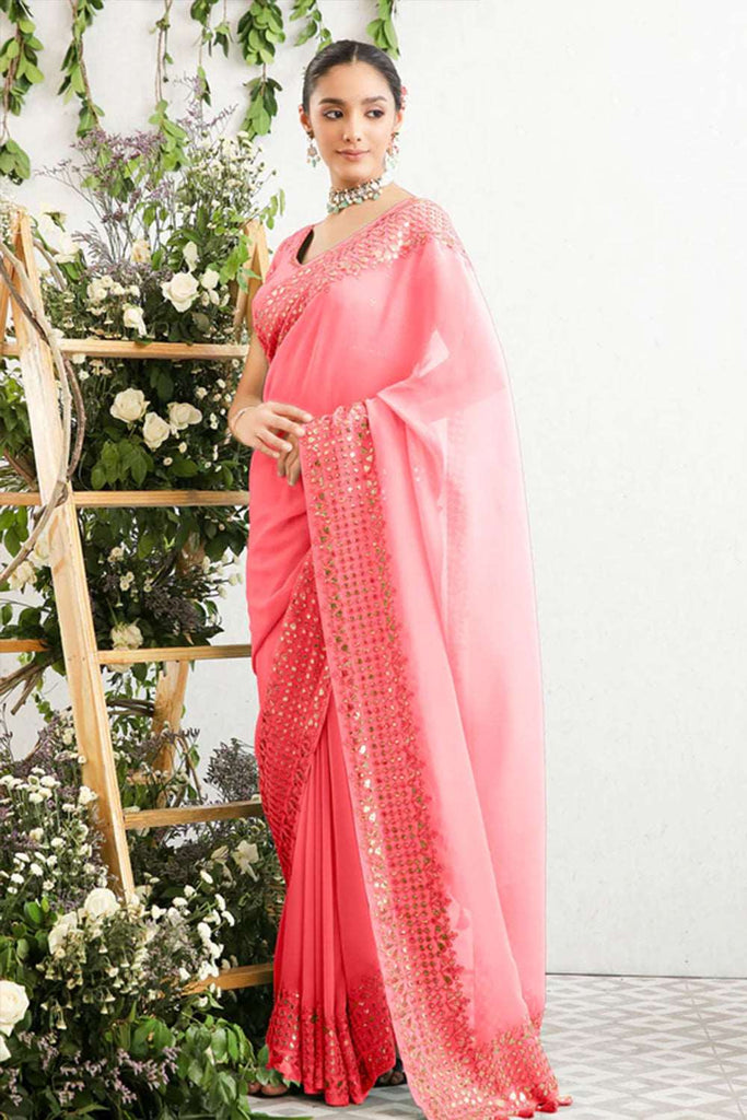 Pink Color Sequins And Zari Work Viscose Chanderi Saree - Cl