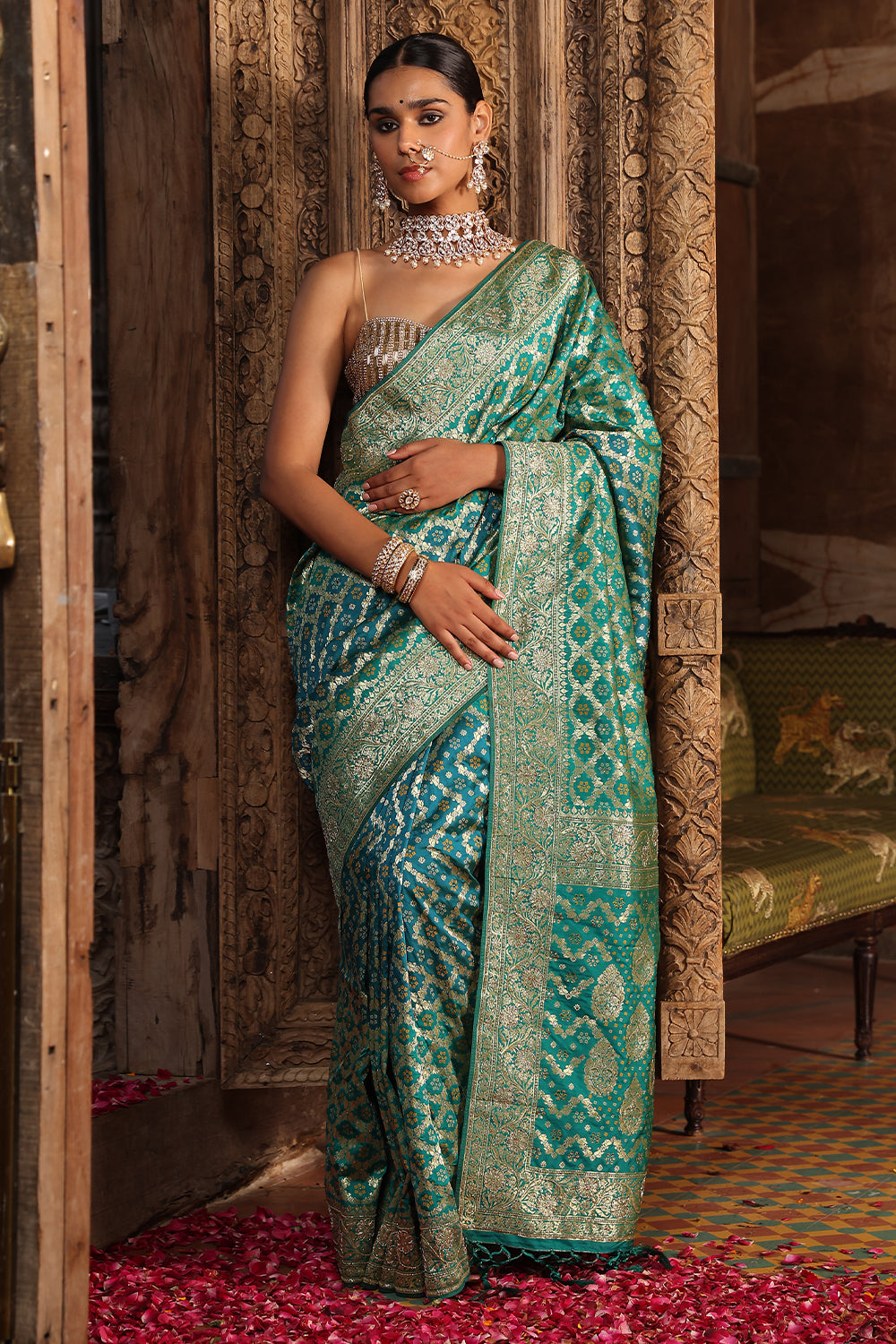 Teal Color Swaroski Work Woven Silk Saree