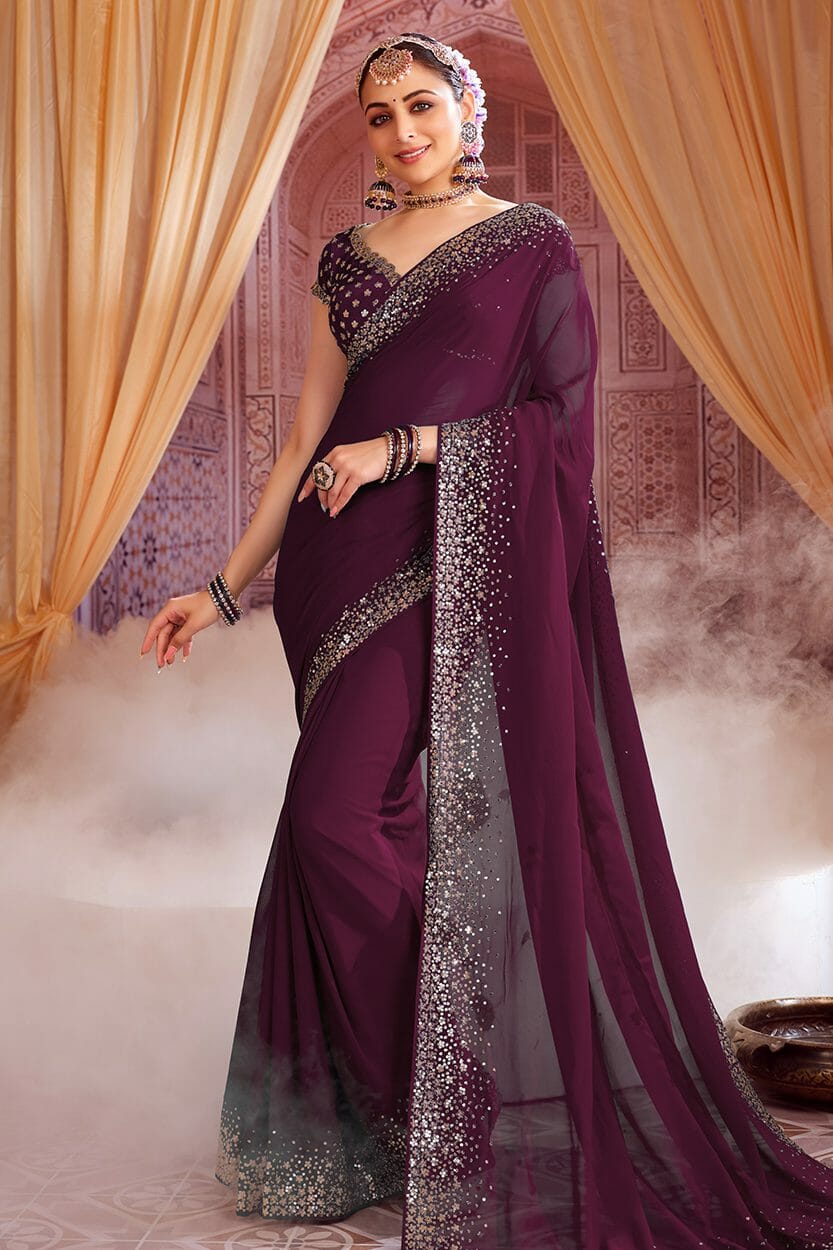 Dark Scarlet Colour Georgette Saree.