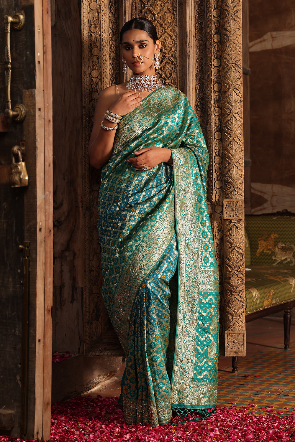 Teal Color Swaroski Work Woven Silk Saree