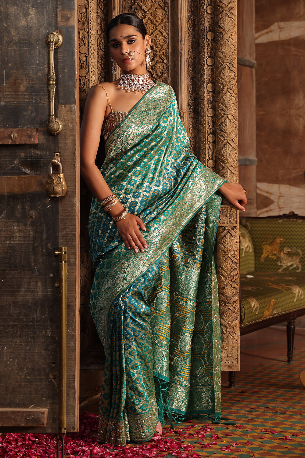 Teal Color Swaroski Work Woven Silk Saree