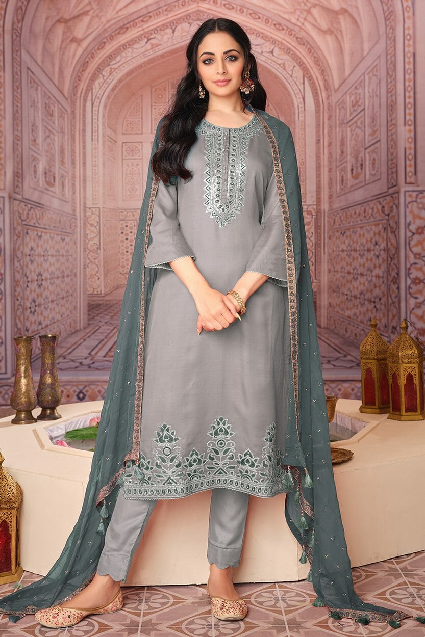 Grey Colour Silk Suit Material.