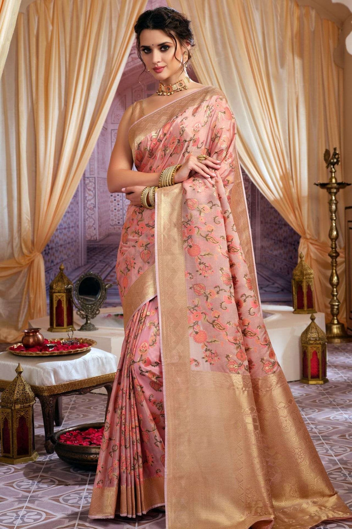 Baby Pink Colour Kora Silk Saree.