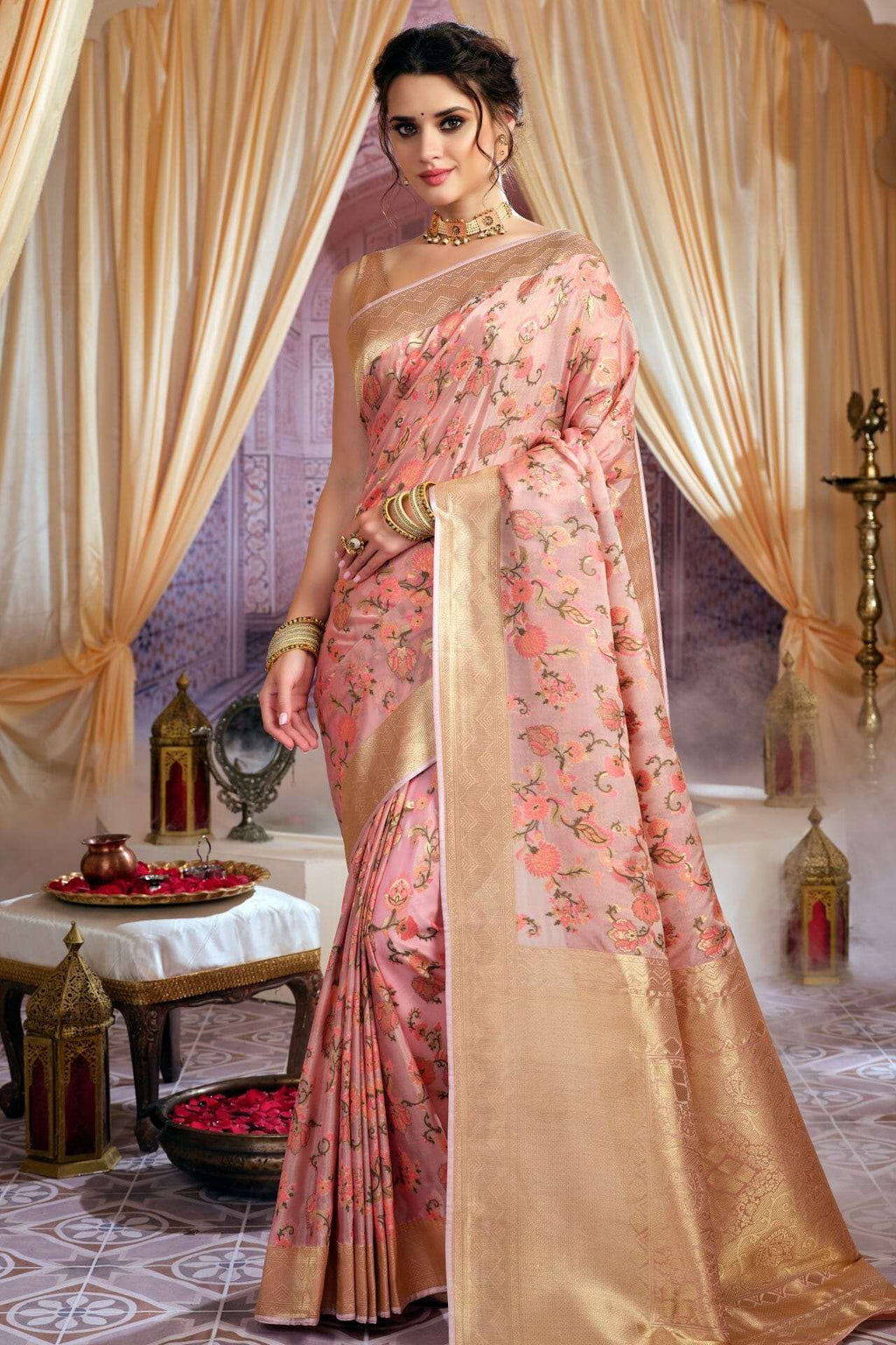 Ruby Pink Golden Zari Kanjeevaram Silk Saree - House of Vardha