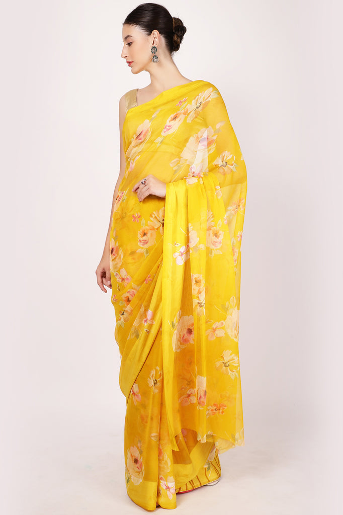 Radiant Yellow Chiffon Saree with Hand-Painted Fern Leaves and beads –  Sanjoni