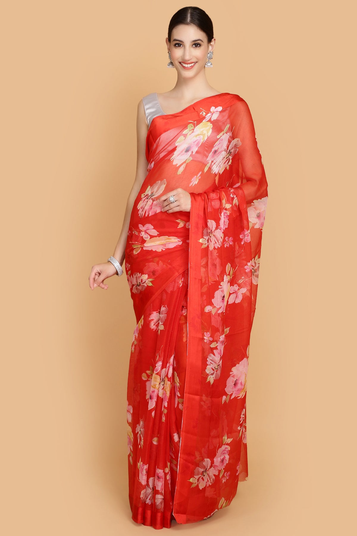 Red Chiffon Printed Saree.