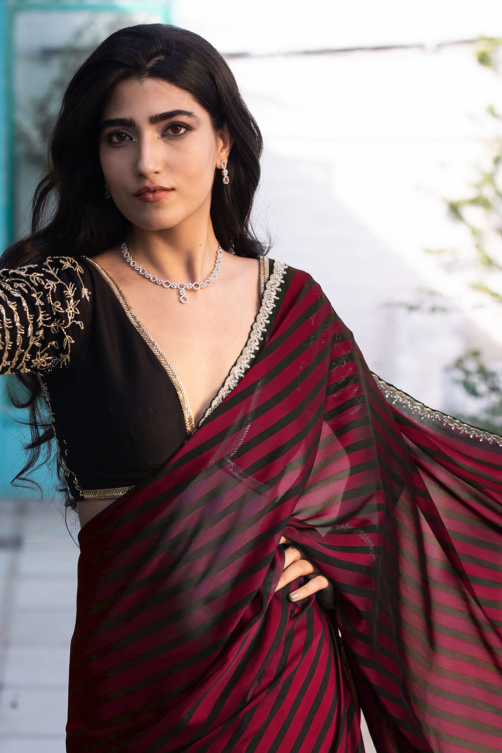 Georgette Saree with blouse in Wine colour 172252 | Party wear sarees,  Sequence saree, Black saree