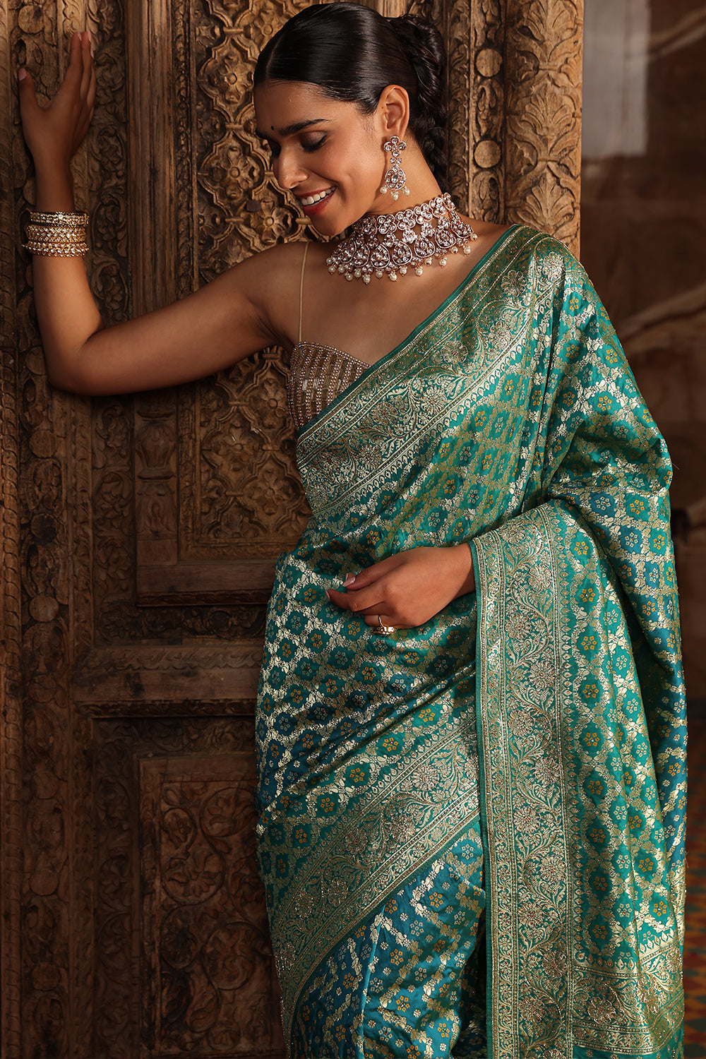 Teal Color Swaroski Work Woven Silk Saree