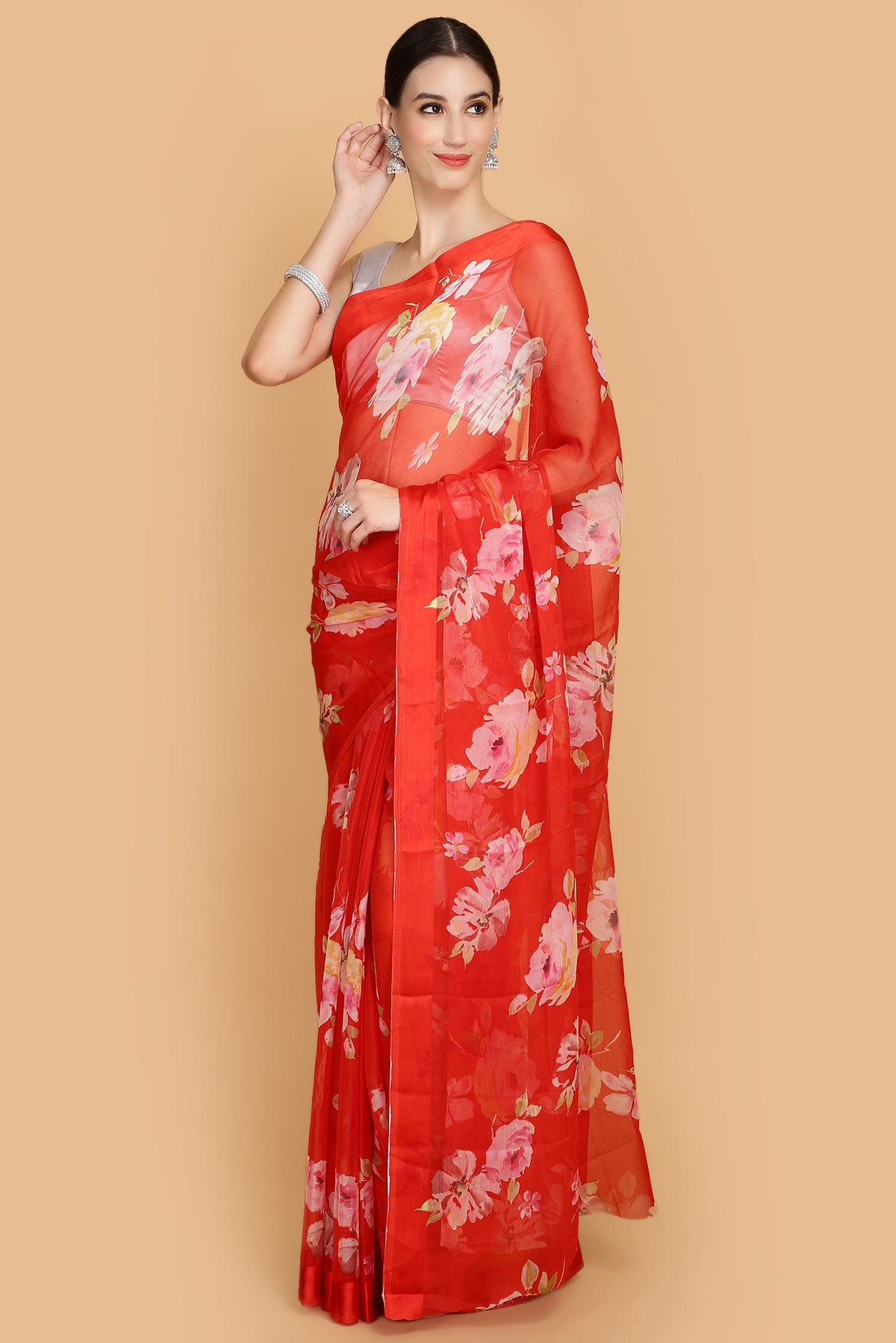 Red Chiffon Printed Saree.