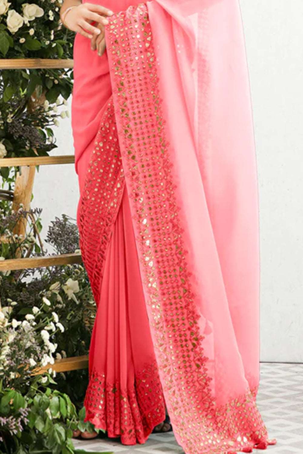 Shaded Organza Saree with Bandhani Blouse - Pink – Naina Jain