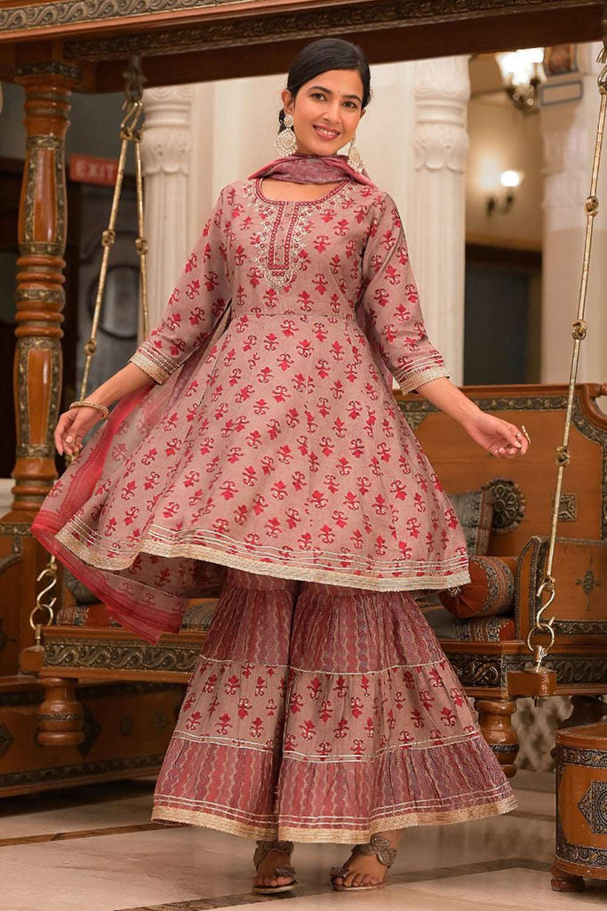 Beige & Maroon Color Printed Peplum Anarkali Gharara Suit.