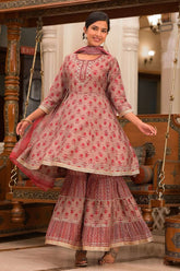 Beige & Maroon Color Printed Peplum Anarkali Gharara Suit.