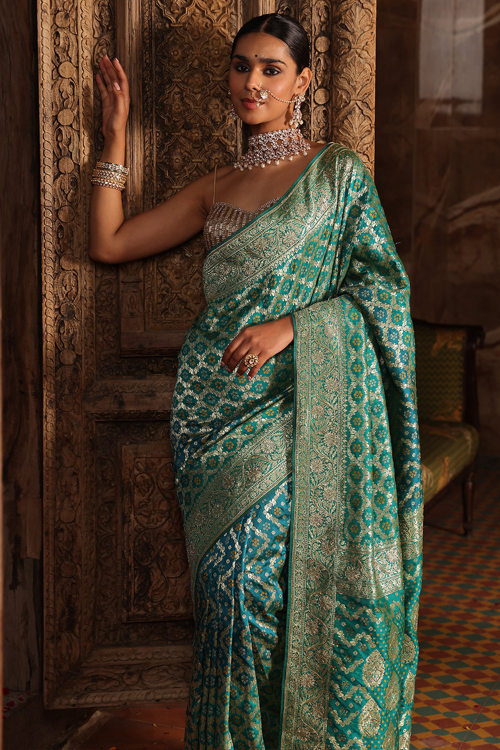 Teal Color Swaroski Work Woven Silk Saree