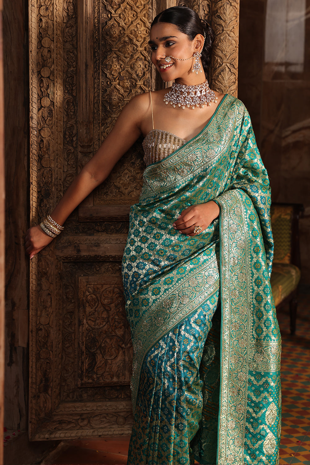 Teal Color Swaroski Work Woven Silk Saree