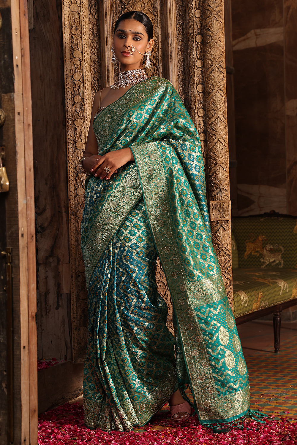 Teal Color Swaroski Work Woven Silk Saree