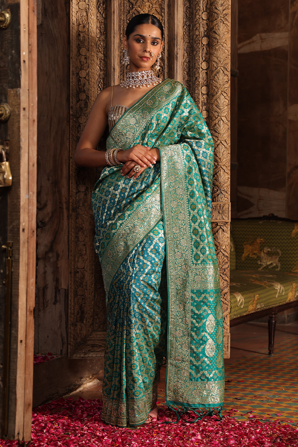 Teal Color Swaroski Work Woven Silk Saree