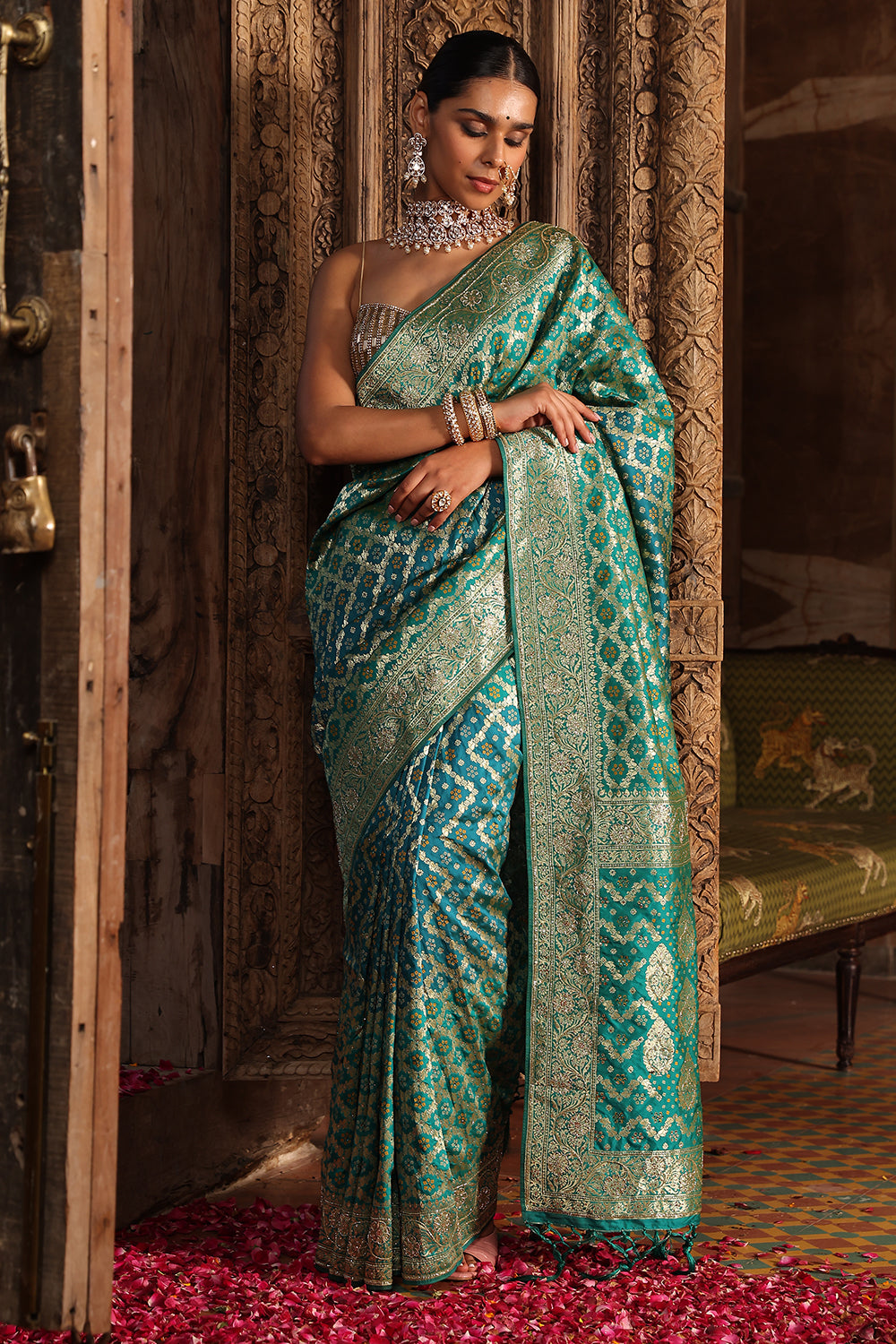 Teal Color Swaroski Work Woven Silk Saree