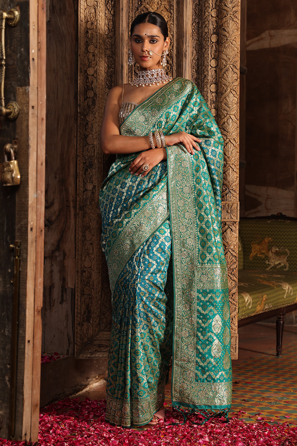 Teal Color Swaroski Work Woven Silk Saree