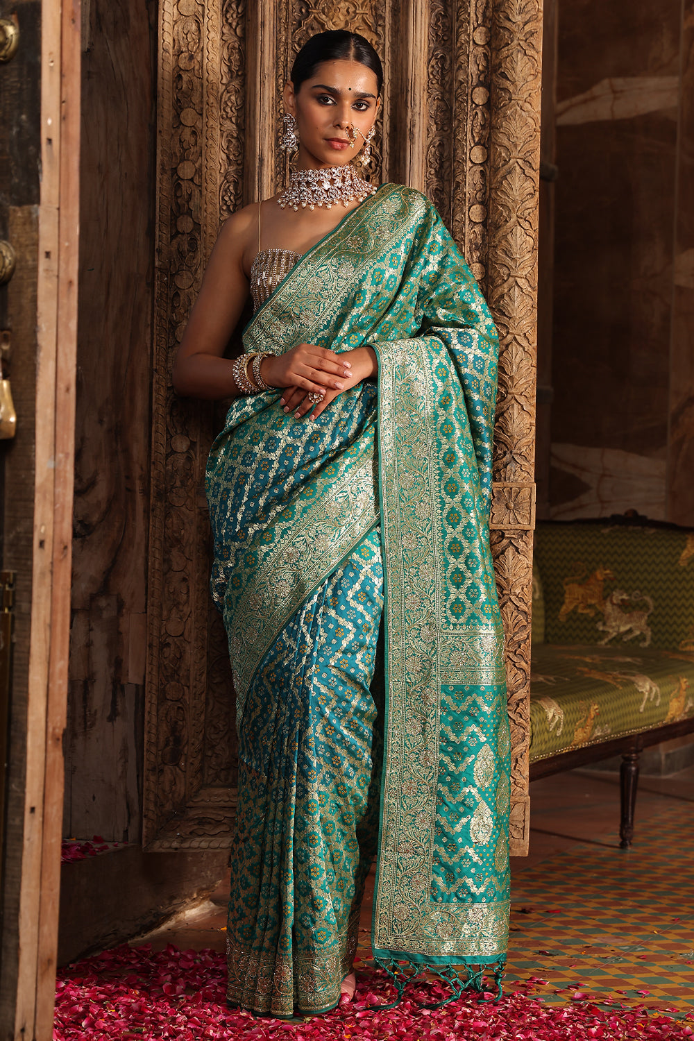 Teal Color Swaroski Work Woven Silk Saree