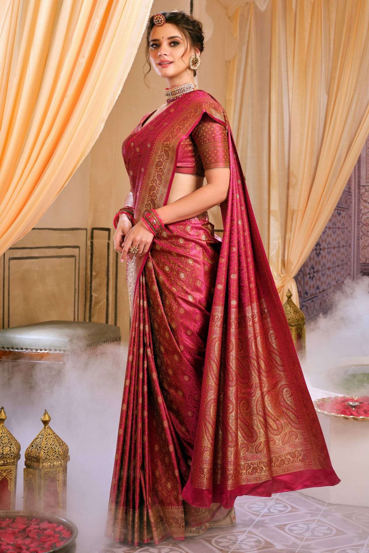 Pink vasundhara silk mix saree with zari buttas, zari border & contrast  pallu of intricate designs