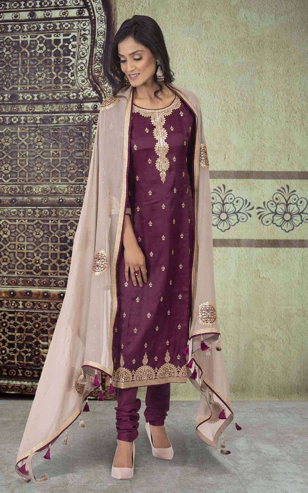 Dark Scarlet colour Georgette Suit Material with sequins work.