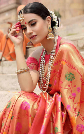 Orange &amp; Gold Ombre Silk Saree