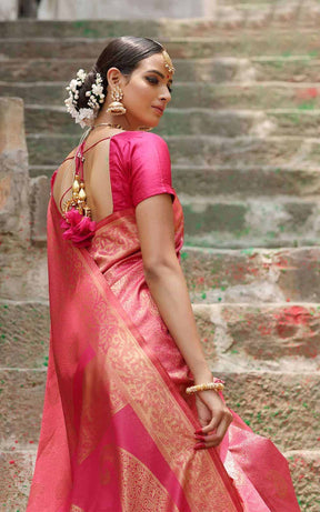 Exclusive Bridal Wear Pink Kancheepuram Silk Gold Border Saree, 6 m (with  blouse piece) at Rs 17500 in Indore