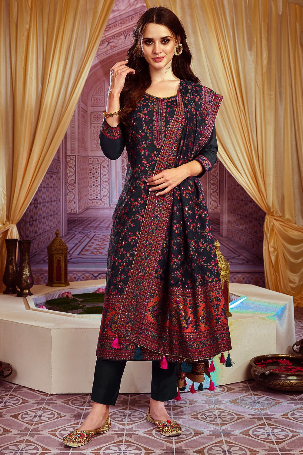 Black Color Chanderi Suit Material