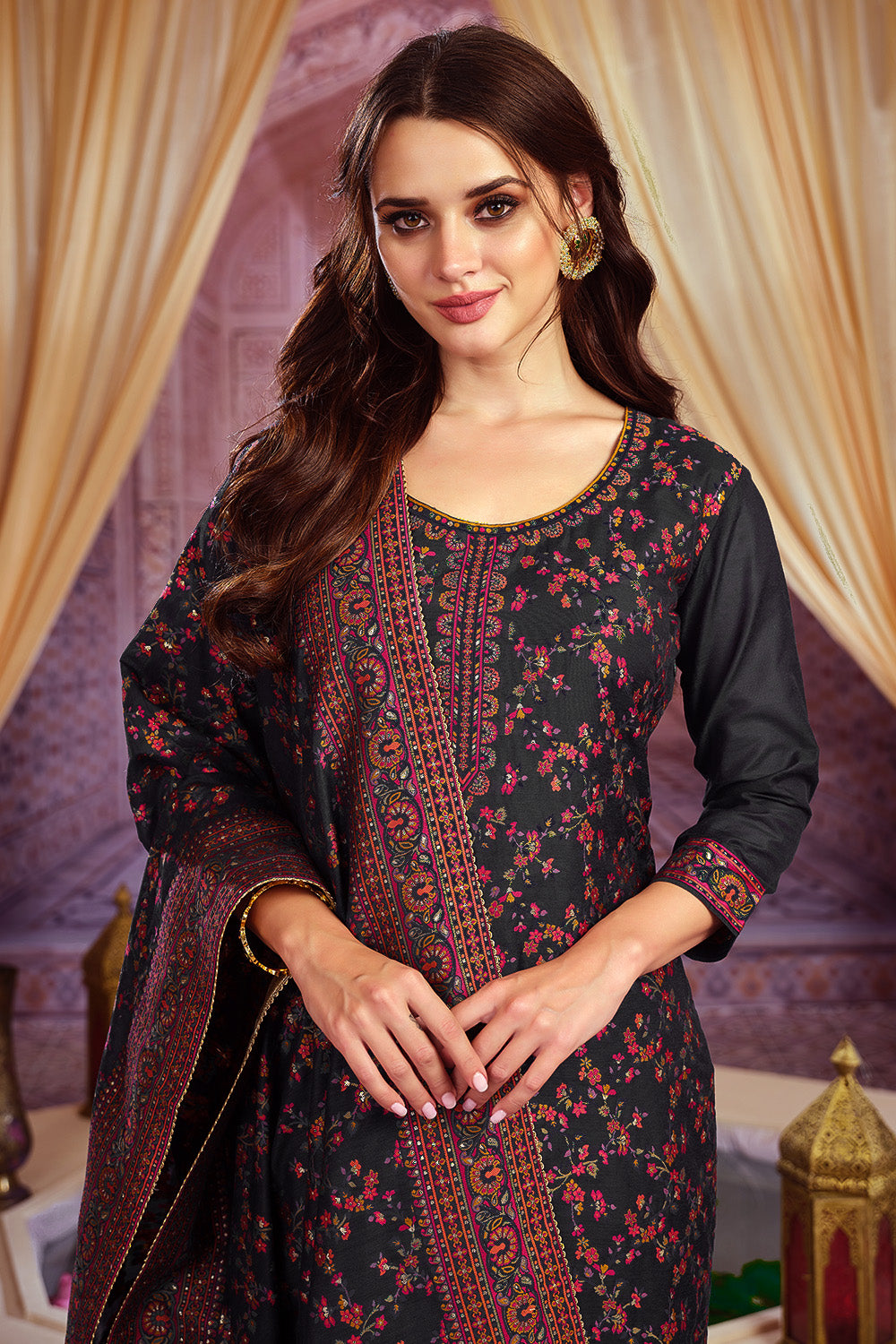 Black Color Chanderi Suit Material